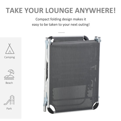 Outsunny Foldable Outdoor Sun Loungers Set of 2, Reclining Lounge Chair Camping Bed Cot with Pillow 4-Level Adjustable Back Aluminium Frame, Grey