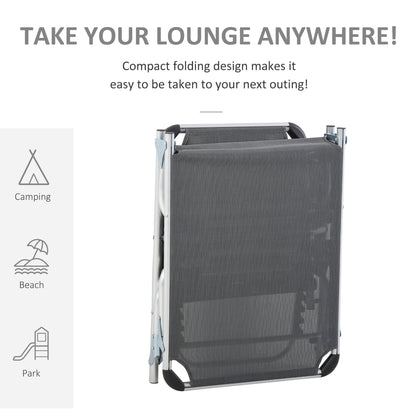 Outsunny Foldable Outdoor Sun Loungers Set of 2, Reclining Lounge Chair Camping Bed Cot with Pillow 4-Level Adjustable Back Aluminium Frame, Grey