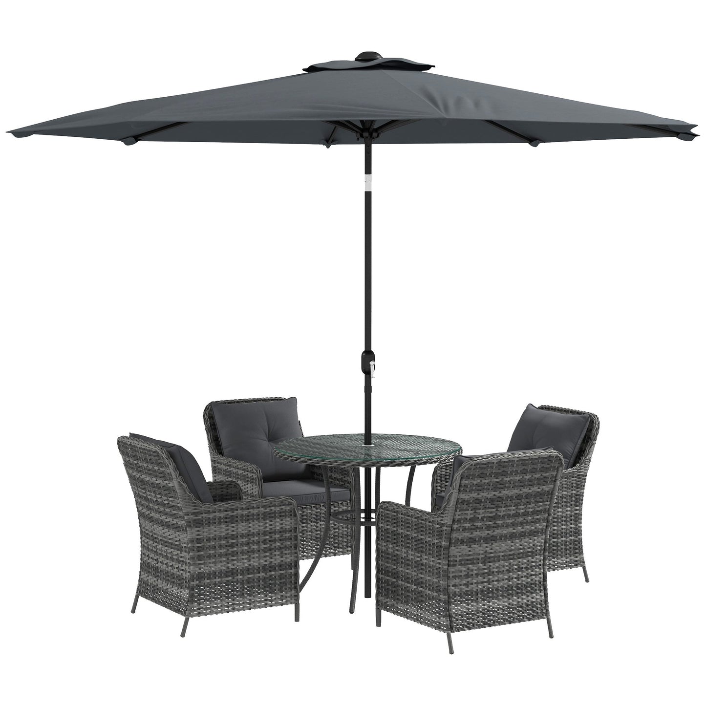 Outsunny 6 Pieces Garden Dining Set, 4 Seater Rattan Dining Set Outdoor with Umbrella, Cushions, Tempered Glass Top Table