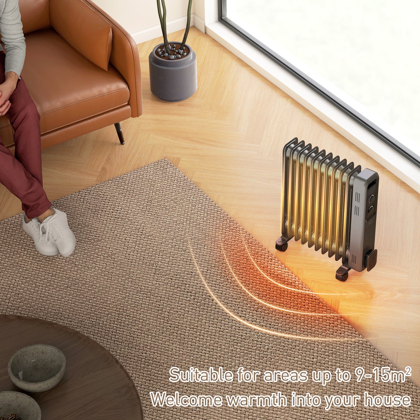 HOMCOM 2500W Oil Filled Radiator, 11 Fin, Portable Electric Heater with 3 Heat Settings, Safety Cut-Off and Wheels, Grey