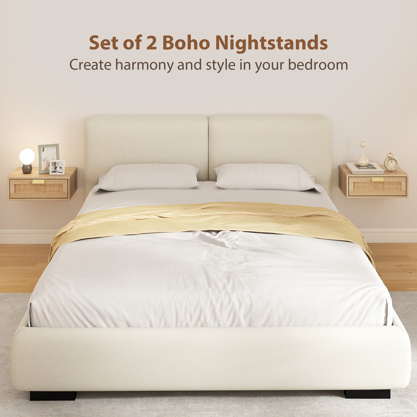 HOMCOM Floating Bedside Tables Set of 2, Wall Mounted Bedside Cabinets with Rattan Drawer and Wood Effect, Oak