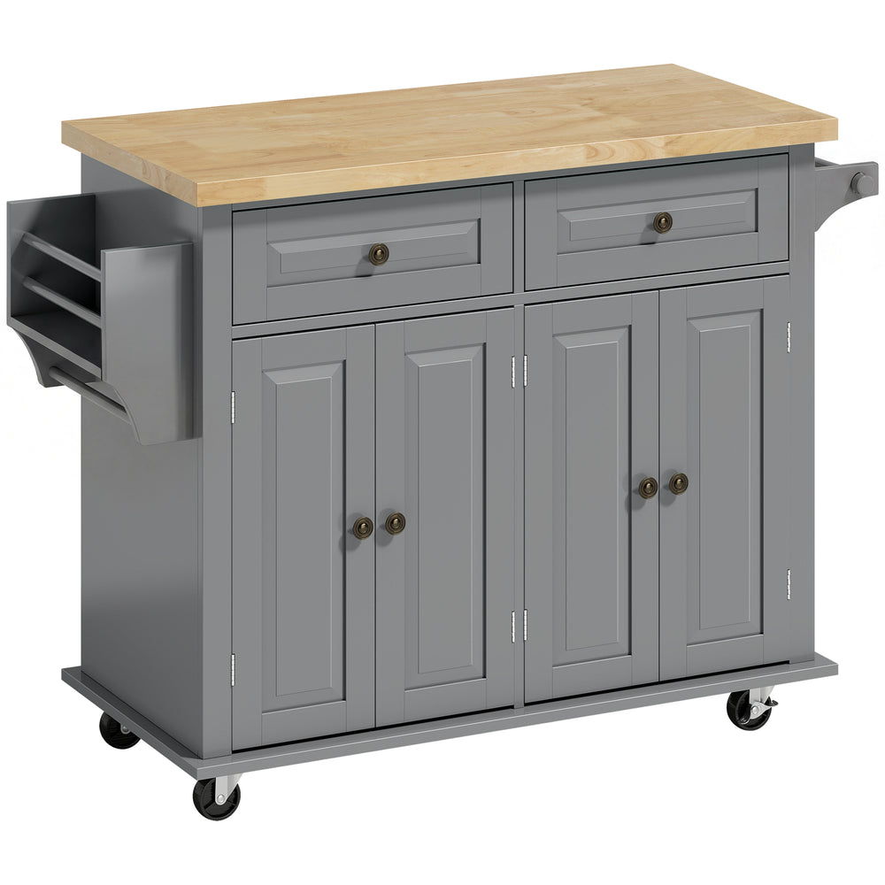 HOMCOM Rolling Kitchen Island Storage Trolley with Rubber Wood Top & Drawers for Dining Room, Grey