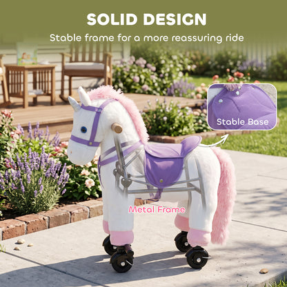AIYAPLAY Unicorn Rocking Horse, Plush Ride On Horse with Hoof and Neighing, Rolling Wheels and Pedal for 3-8 Y, Up to 50kg, White