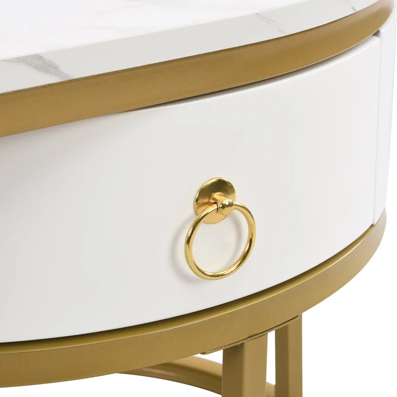 Oval Coffee Table with Marble Look, Golden Iron Frame, Drawers, and Shelves, 100x50x45 cm, White