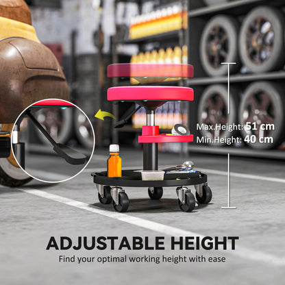 HOMCOM Rolling Mechanic Stool, 135kg Capacity Workshop Stool, 360Â° Swivel Roller Padded Creeper Seat with Wheels, Tool Trays Storage for Garage, Shop, Auto Repair, Red