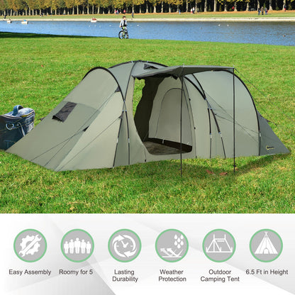 Outsunny 5 Man Camping Tent Two Bedroom Tunnel Tent Family Tent Shelter with Rainfly and Carry Bag for Backpacking Hiking Festival, 5.8 x 2.6 x 2m