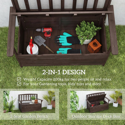 Outsunny Outdoor 2 Seater Garden Bench, Wooden Bench with Storage, Backrest, Arm Rests, 112 x 84 x 58 cm, Brown