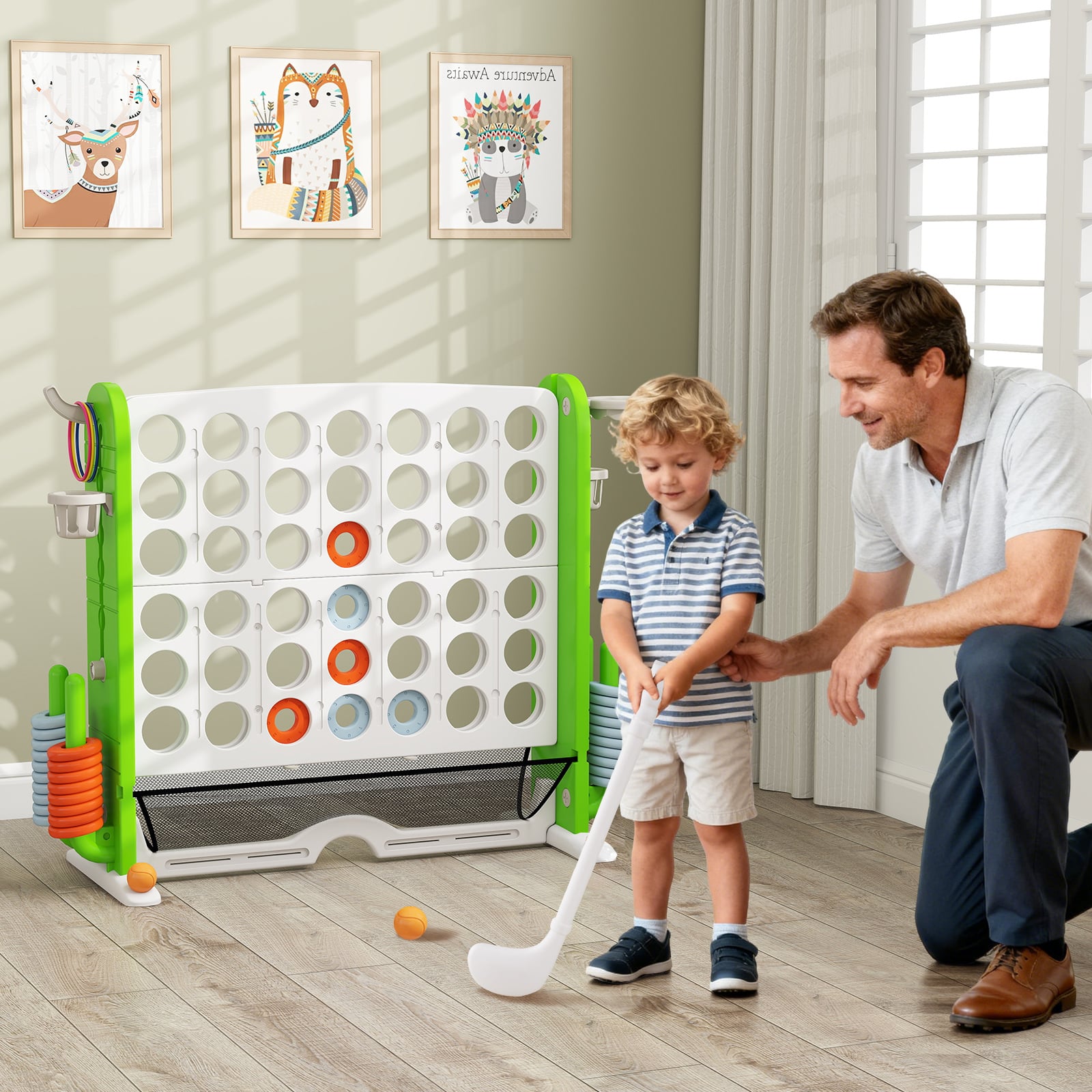 Jumbo 4-in-a Row Game Set with Basketball Hoop and 42 Rings-Green & White