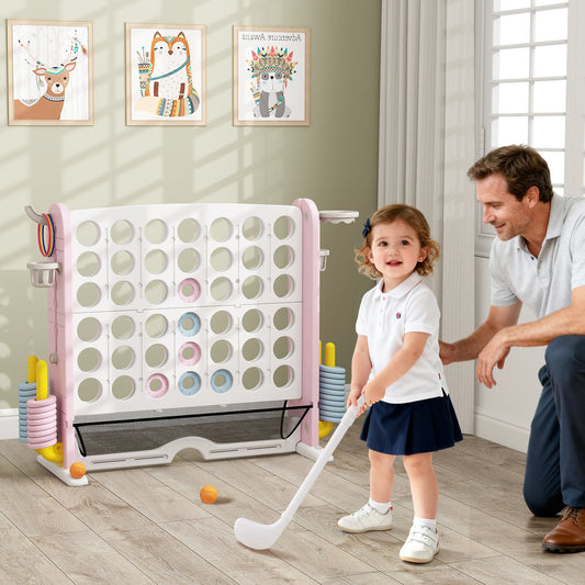 Jumbo 4-in-a Row Game Set with Basketball Hoop and 42 Rings-Pink & White