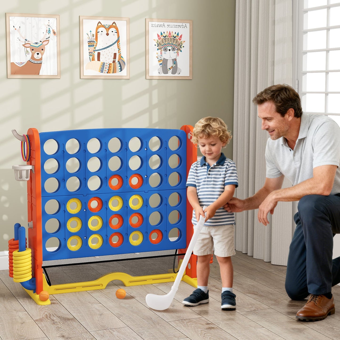 Jumbo 4-in-a Row Game Set with Basketball Hoop and 42 Rings-Navy