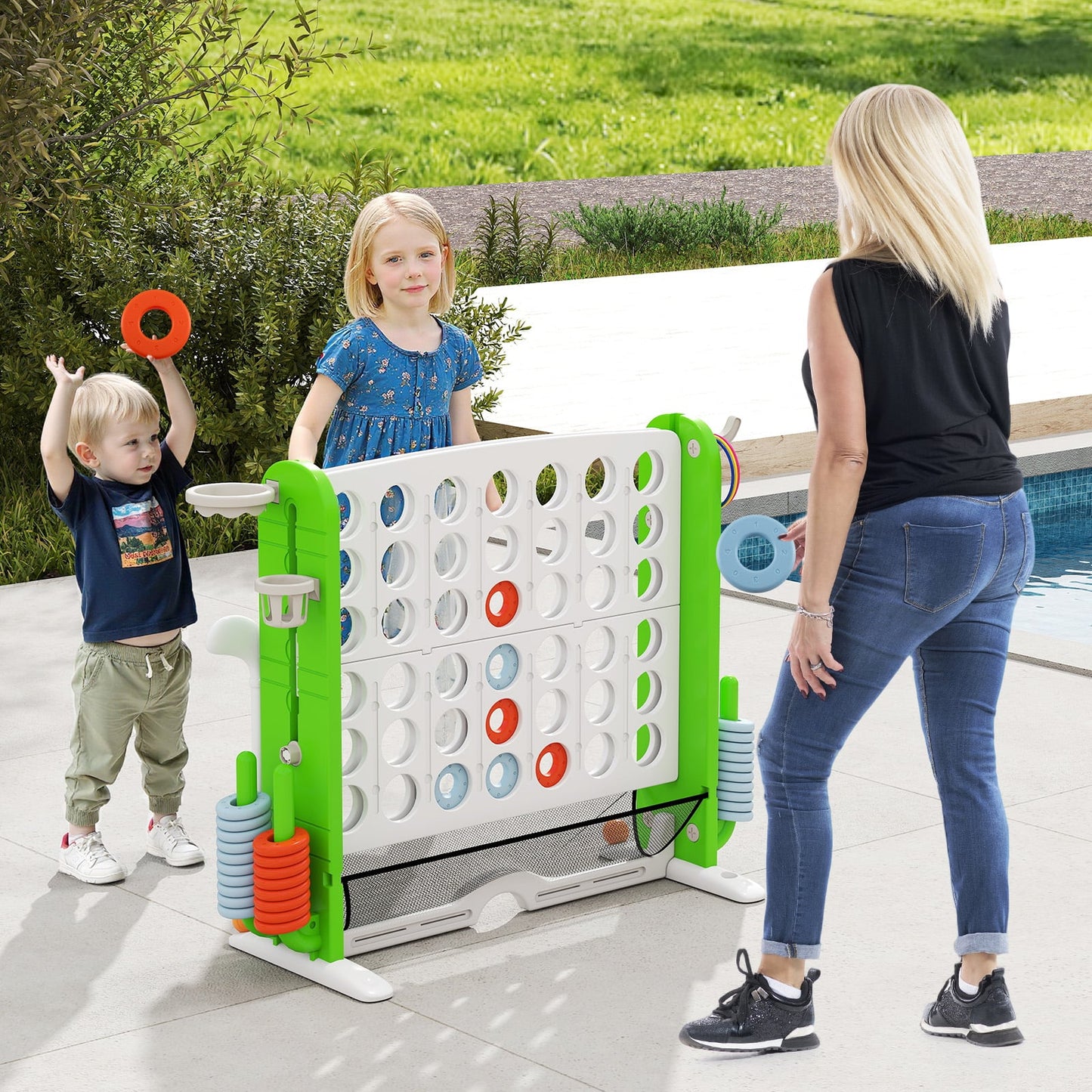 Jumbo 4-in-a Row Game Set with Basketball Hoop and 42 Rings-Green & White