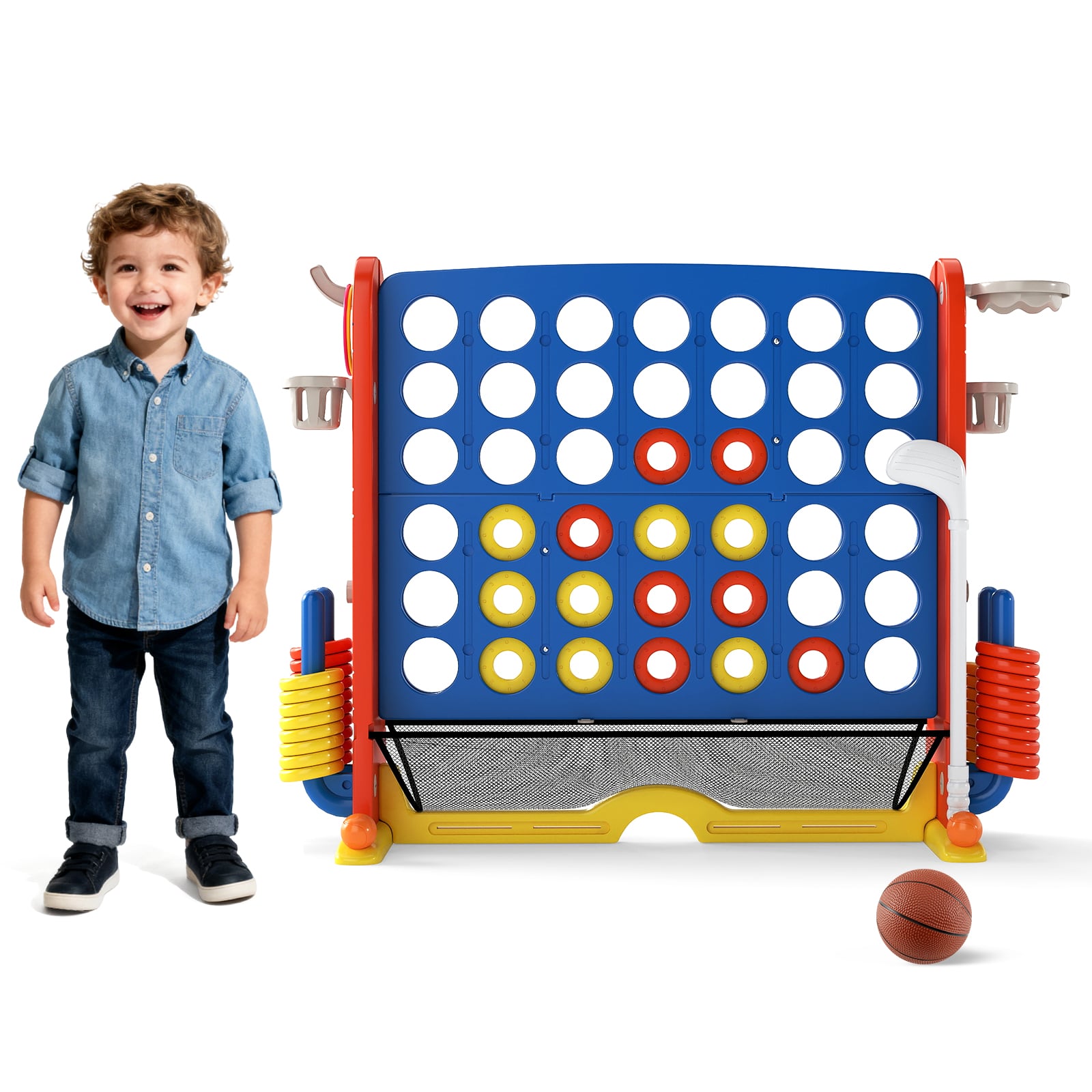 Jumbo 4-in-a Row Game Set with Basketball Hoop and 42 Rings-Navy