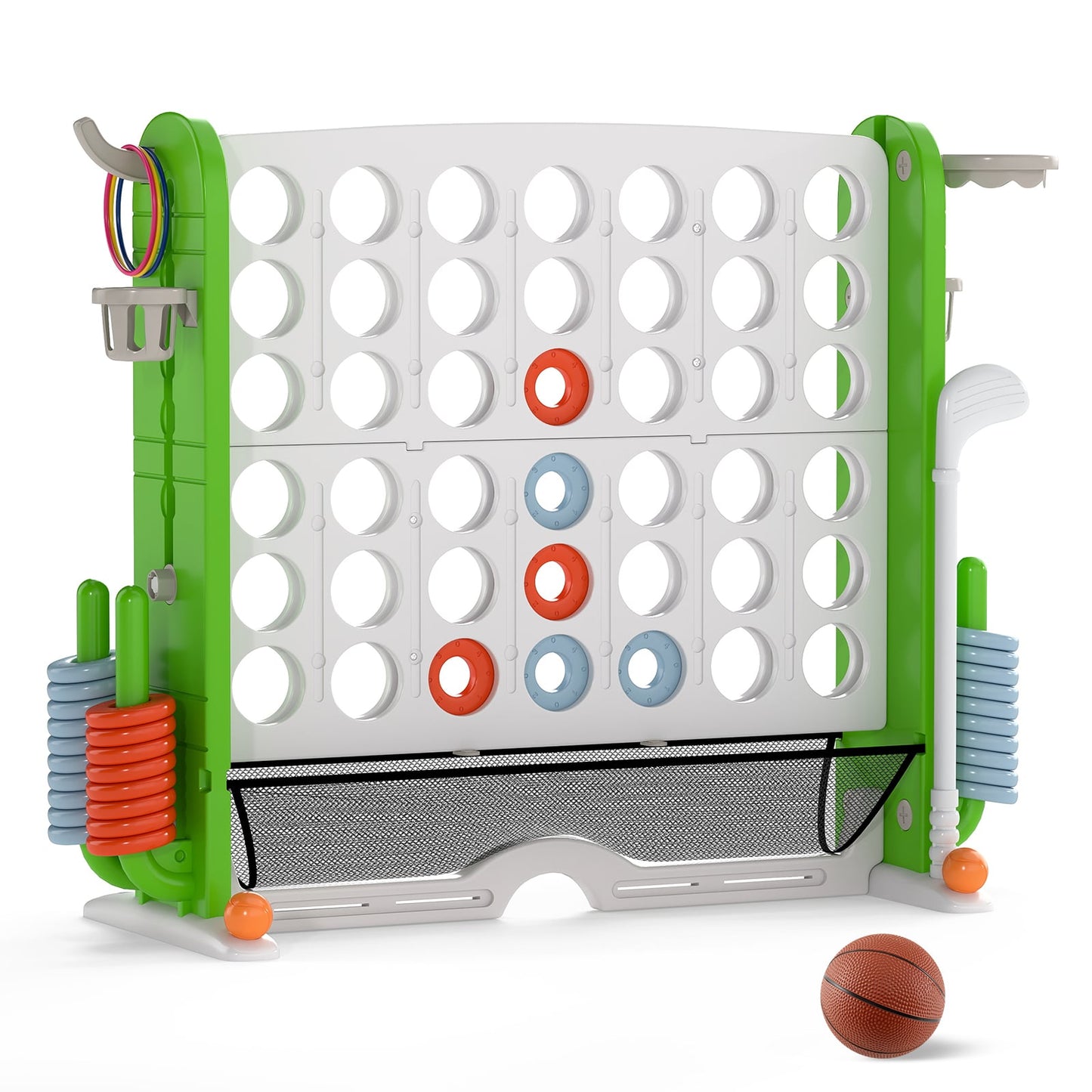 Jumbo 4-in-a Row Game Set with Basketball Hoop and 42 Rings-Green & White