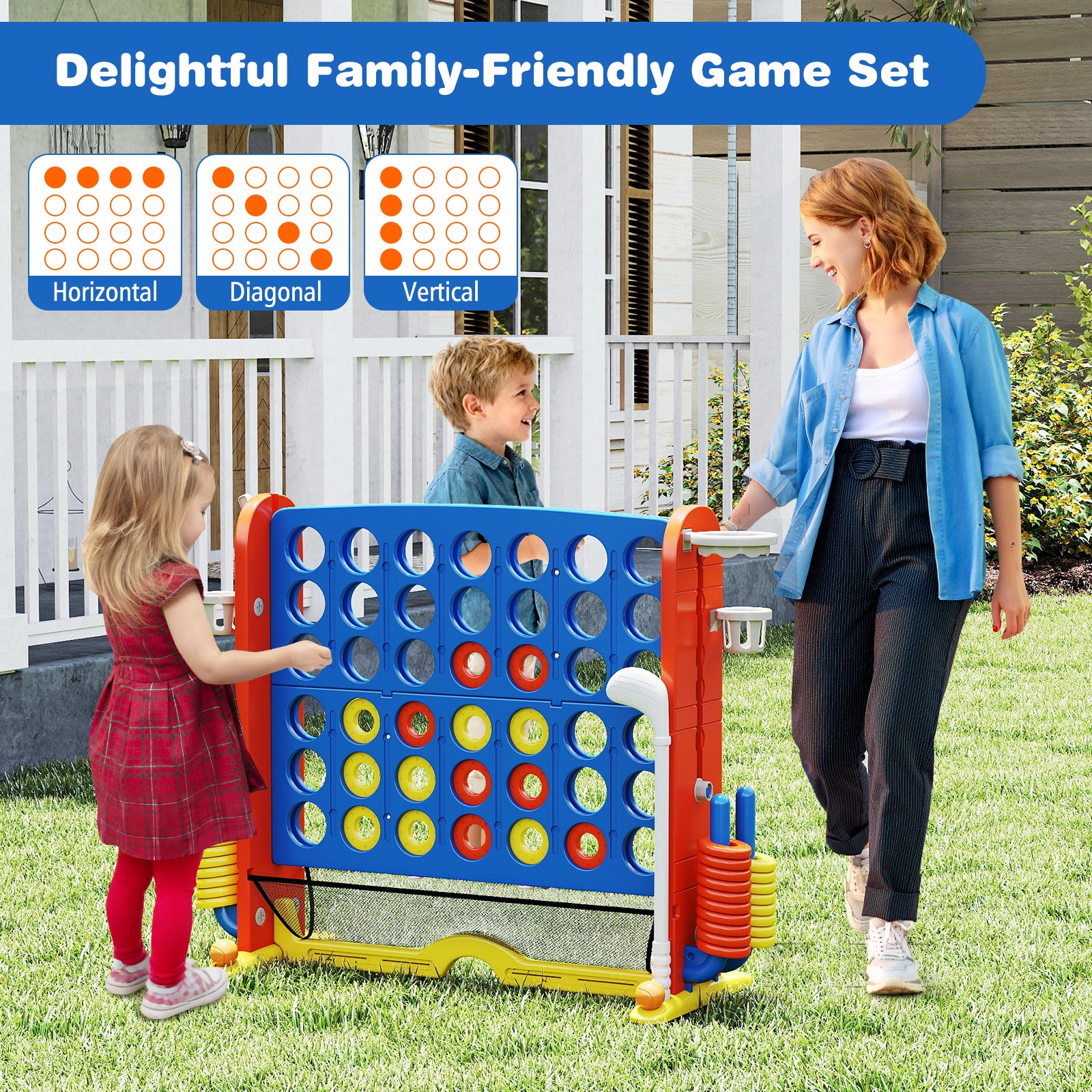 Jumbo 4-in-a Row Game Set with Basketball Hoop and 42 Rings-Navy