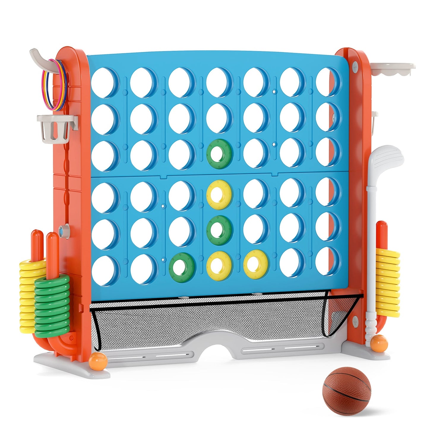 Jumbo 4-in-a Row Game Set with Basketball Hoop and 42 Rings-Light Blue