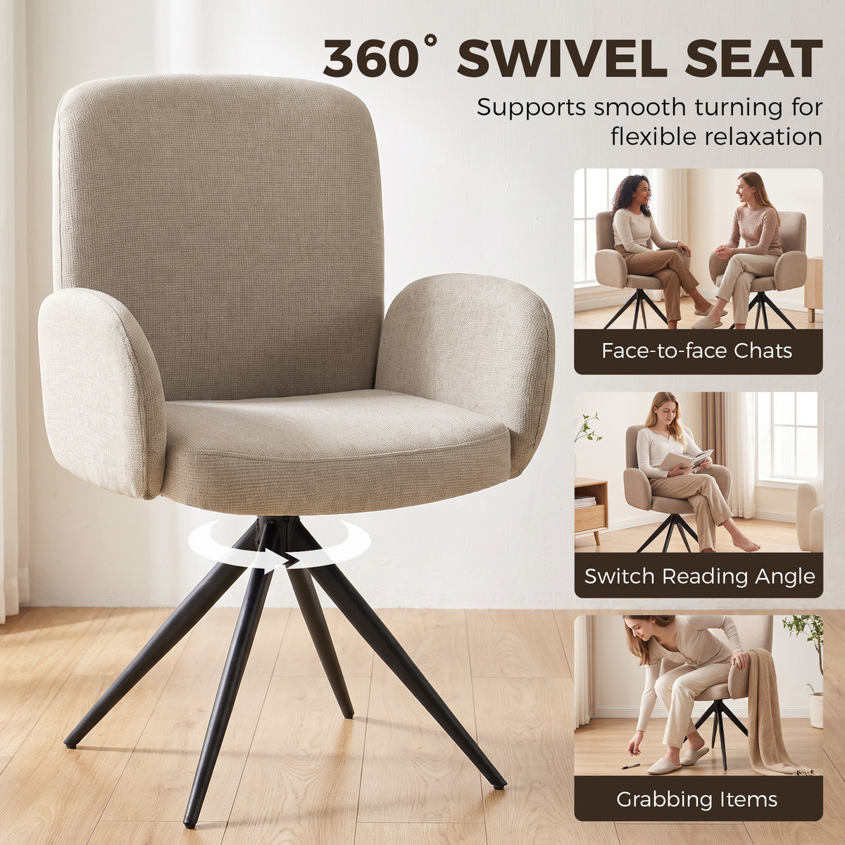 HOMCOM Swivel Accent Chair, Upholstered Linen-Look Armchair with Curved Backrest, Wrapped Armrests for Living Room, Light Brown