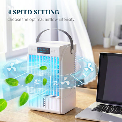 HOMCOM Portable Air Conditioner, 4-in-1 Mini Air Cooler with 4 Wind Speed, 2 Cool Mist, RGB 7 LED Light, White