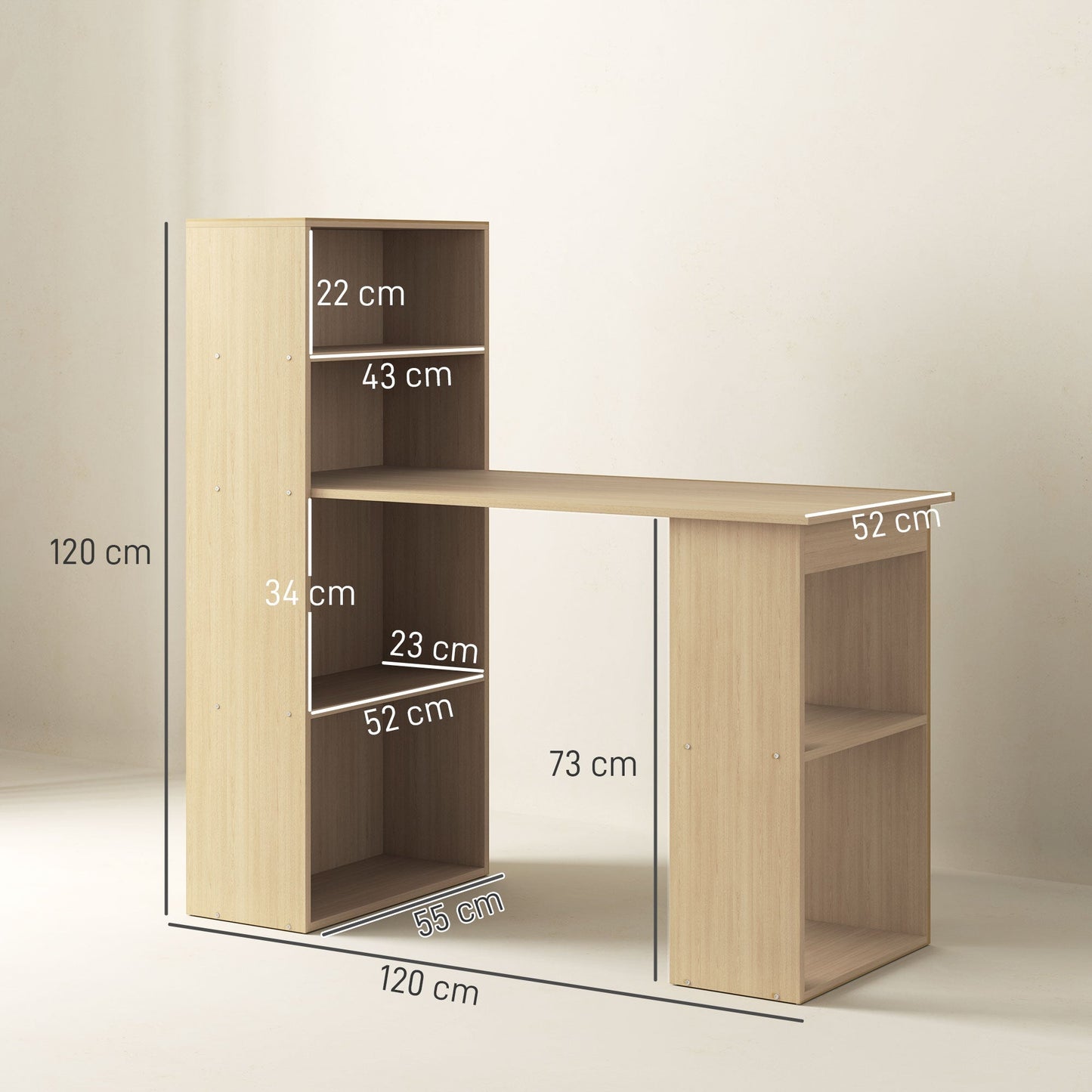 HOMCOM 120cm Computer Desk, Wooden PC Laptop Table with 6-Tier Storage Bookshelves, Home Office Working Study Desk, Writing Workstation, Natural Wood
