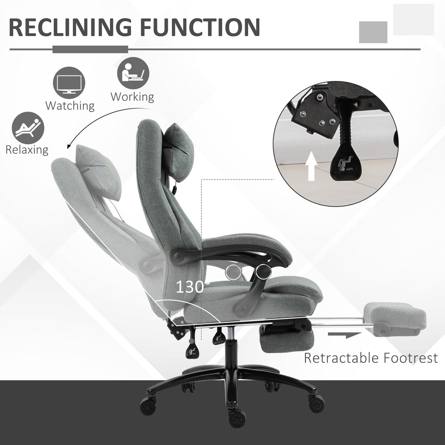 Vinsetto Office Chair 2-Point Removable Vibration Massage Pillow Executive Ergonomic USB Power Adjustable Height 360° Swivel Grey