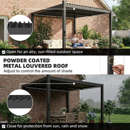 Outsunny 3 x 3 m Louvered Pergola with Solar LED lights, Metal Roof, Patio Gazebo Pergola Canopy with Drainage Gutters, Black