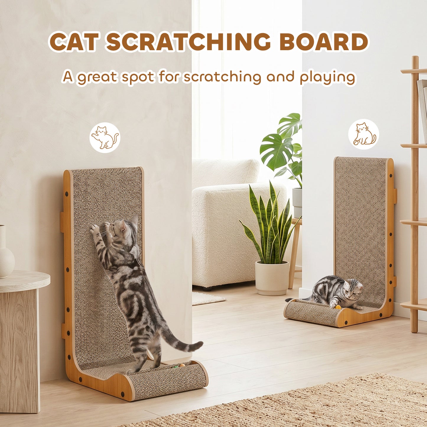 PawHut Cat Scratching Board Wall Mounted Cat Scratcher Corrugated 3 Toy Balls 39 x 23.5 x 57.5 cm Brown
