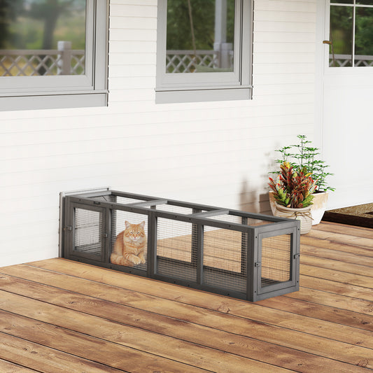 PawHut Outdoor Cat Tunnel, Wooden Play Cat Enclosure, Extendable Pet Run with 3 Doors, for Indoor and Outdoor Use, Grey