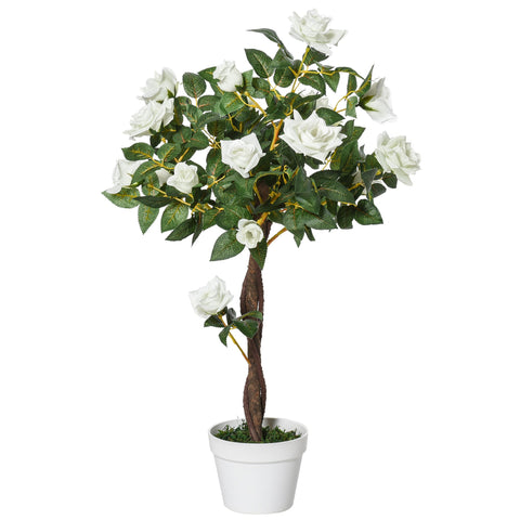 Outsunny Artificial Plants White Rose Floral in Pot, Fake Plants for Home Indoor Decor, 90cm