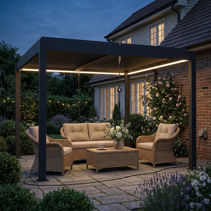 Outsunny 3 x 3 m Louvered Pergola with LED Lights, Metal Louvres, Aluminium Patio Gazebo Pergola, Dark Grey