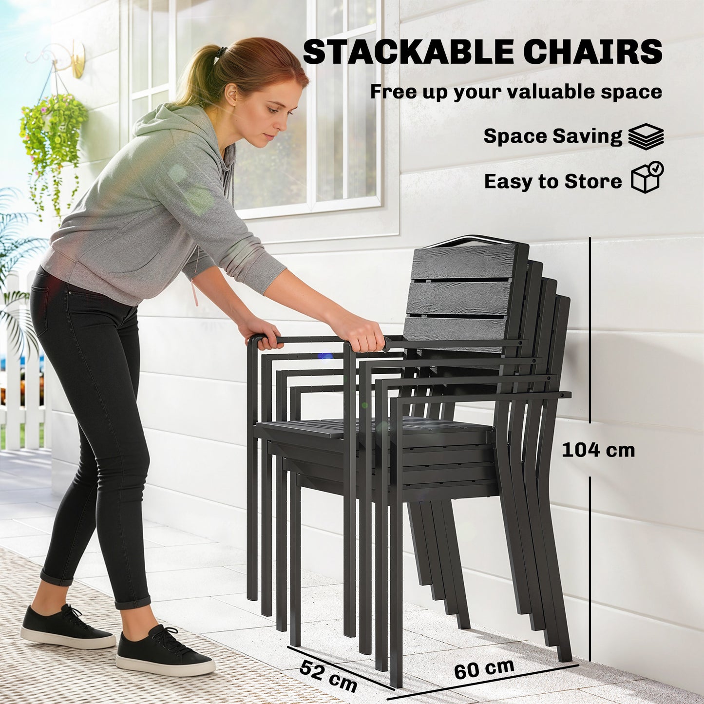 Outsunny Stackable Garden Chairs Set of 4, Garden Dining Chairs with Slatted HDPE Seat Back, Armrests, Metal Frame, Black