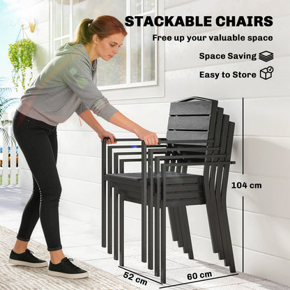 Outsunny Stackable Garden Chairs Set of 4, Garden Dining Chairs with Slatted HDPE Seat Back, Armrests, Metal Frame, Black