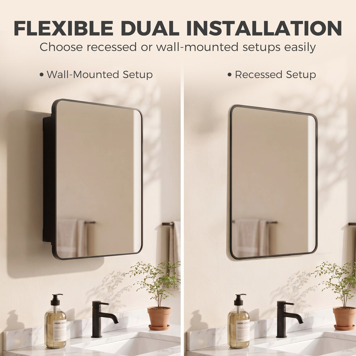 HOMCOM 50.8 x 11.6 x 71 cm Bathroom Mirror Cabinet, Wall Cabinet with Adjustable Shelves, Wall-Mounted or Recessed, Black
