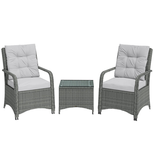 Outsunny 3 Pieces Rattan Bistro Set, Wicker Garden Furniture Set with Metal Frame, Cover, Glass Top Coffee Table, Light Grey
