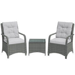 Outsunny 3 Pieces Rattan Bistro Set, Wicker Garden Furniture Set with Metal Frame, Cover, Glass Top Coffee Table, Light Grey