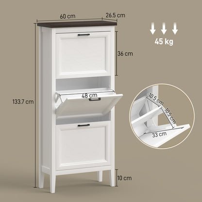HOMCOM Shoe Cabinet with 3 Flip Drawers, Farmhouse Narrow Shoe Storage Cabinet with Adjustable Shelves, White