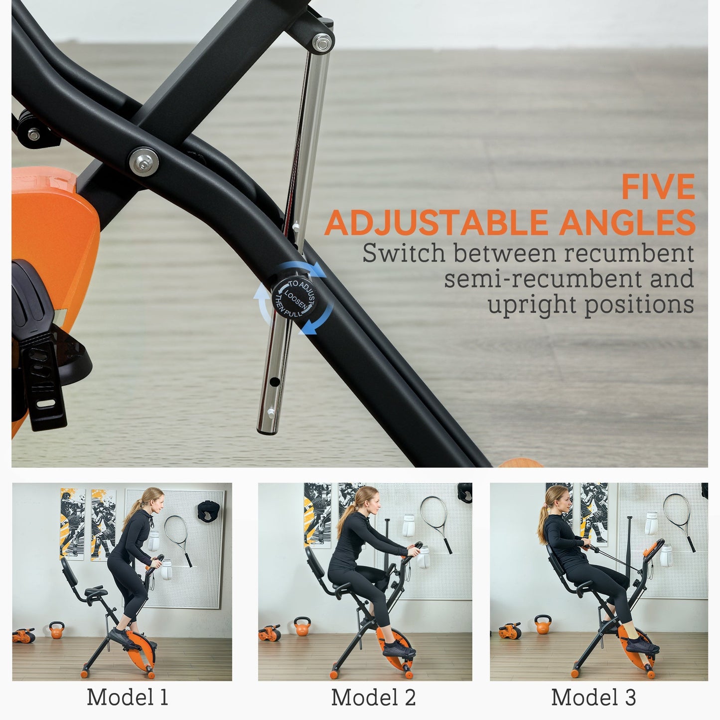 SPORTNOW Five-in-one Foldable Exercise Bike, Stationary Bike with Arm Workout Bands, LDC Monitor, Phone Holder, Orange