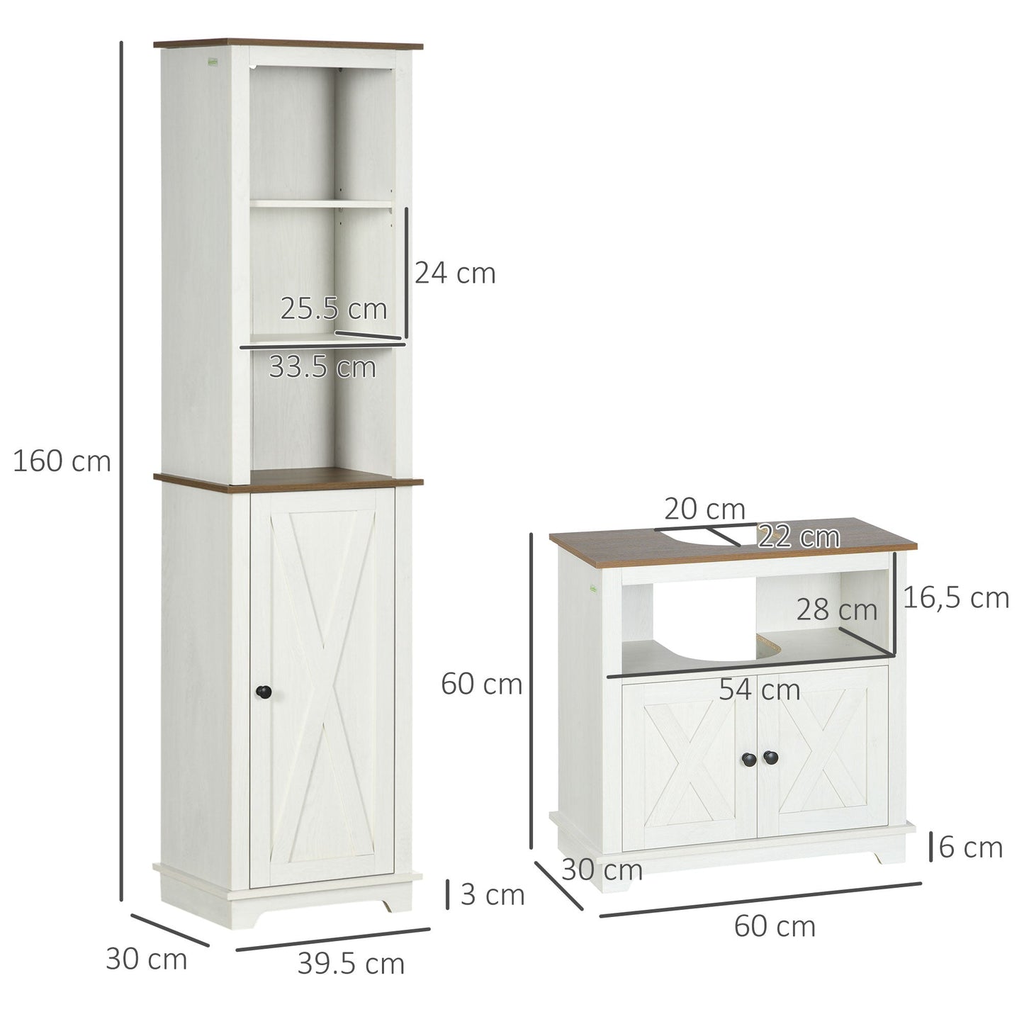 kleankin 2 Piece Bathroom Furniture Set, Tall Bathroom Cabinet with Adjustable Shelves, Under Sink Cabinet with Cupboard and Open Shelf, Ash Wood Effect