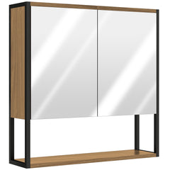 HOMCOM Bathroom Mirror Cabinet with Soft-Close Doors and Adjustable Shelf - Natural Wood Finish