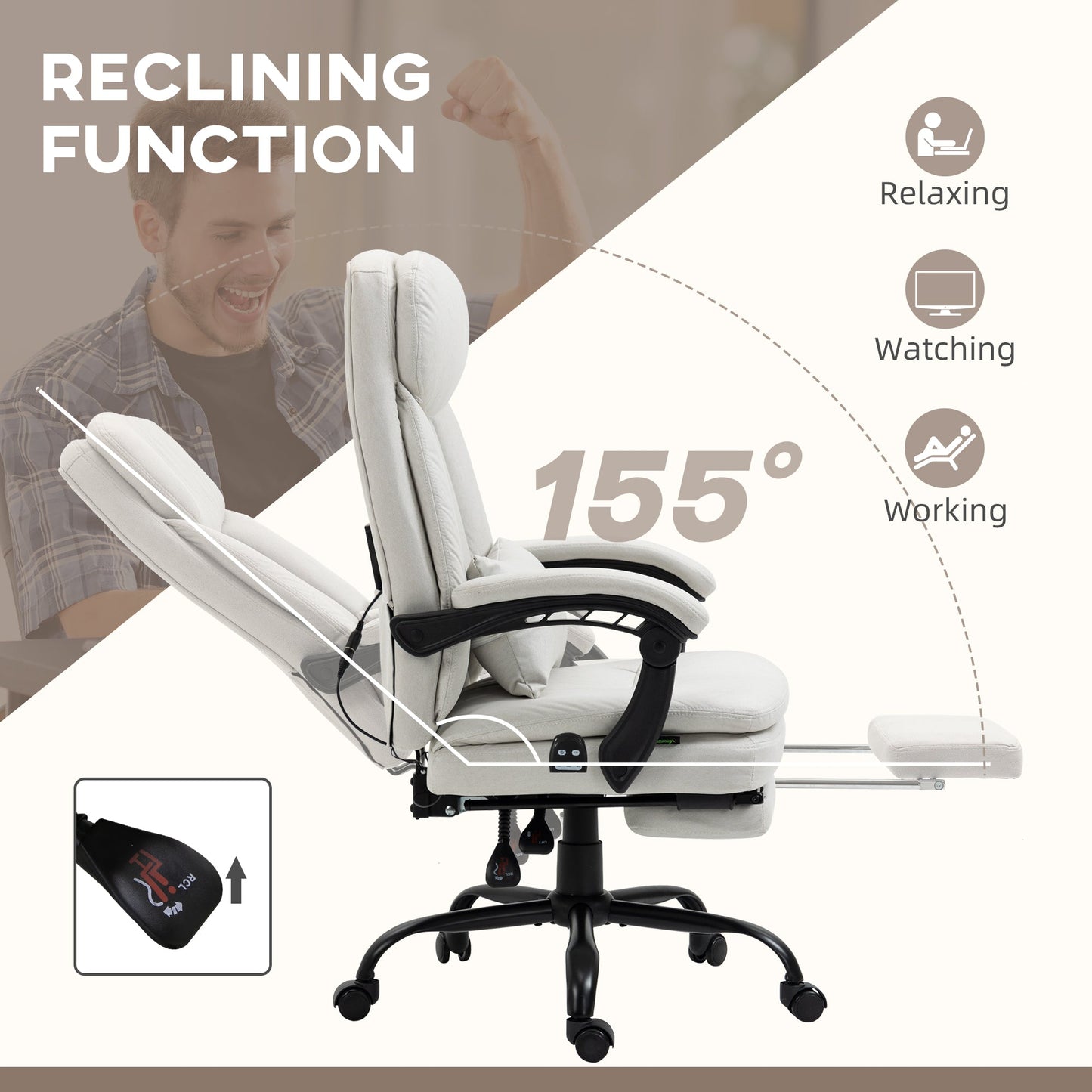 Vinsetto Vibration Massage Office Chair w/ Heat, Microfibre Computer Chair w/ Footrest, Lumbar Support Pillow, Armrest, Reclining Back, Cream White