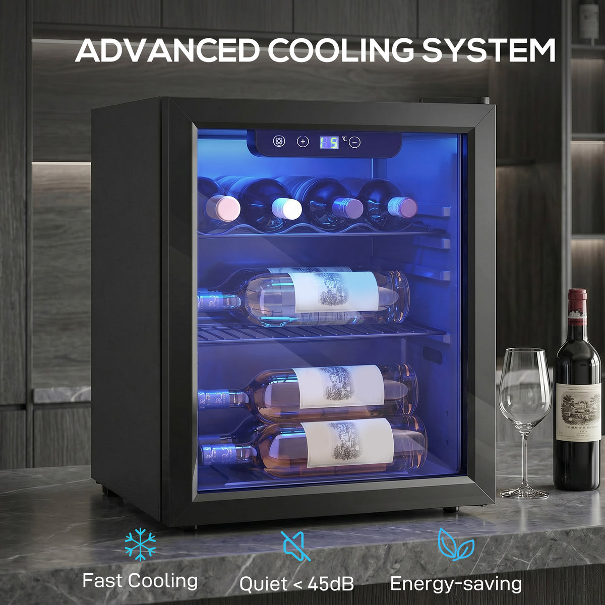 HOMCOM 16 Bottle Wine Cooler, 48 Litre Capacity, 4-16°C Tabletop Counter Drinks Wine Fridge with Glass Door, LED Light, Black