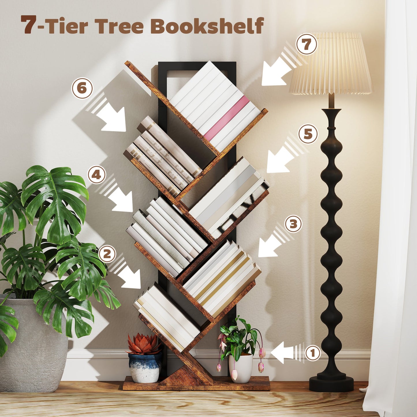 HOMCOM Six-Section Tree Bookcase - Wood-Effect