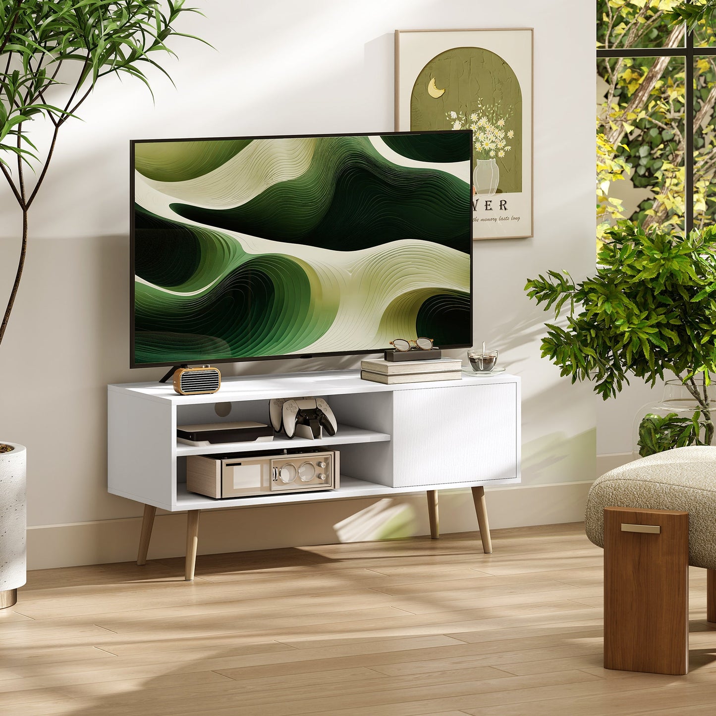 HOMCOM TV Stand up to 55 Inches, TV Unit with Open Shelves and Cable Holes - White