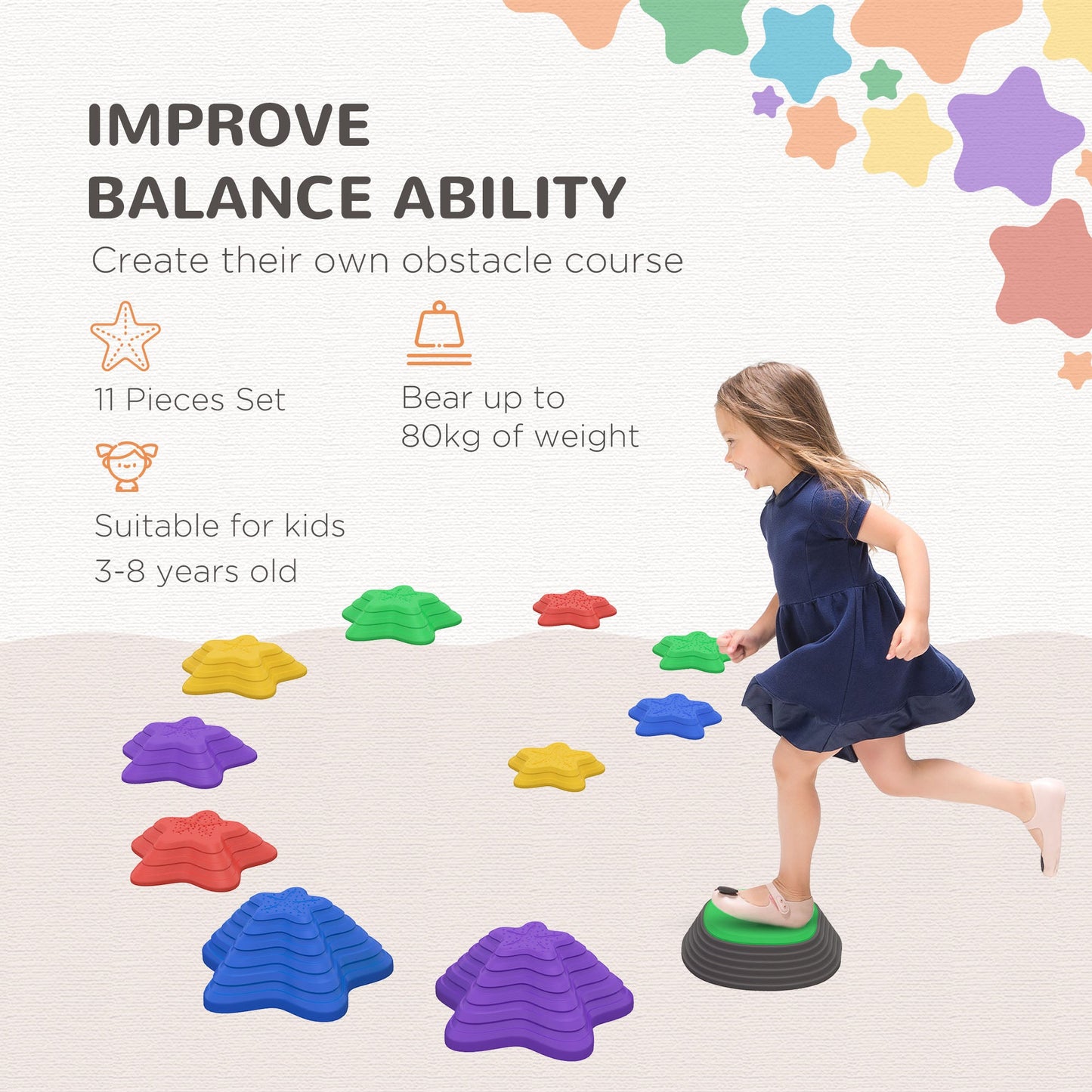 ZONEKIZ Kids Stepping Stones, 11 Pieces Balance River Stones for Obstacle Course, Stackable Non-Slip Starfish Shape, Sensory Play for Indoors Outdoors
