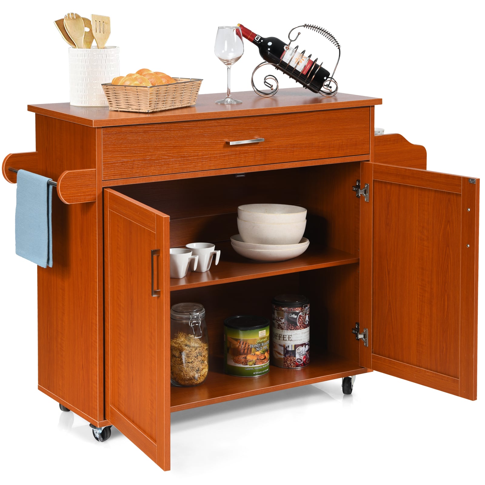 Rolling Kitchen Storage Trolley with Adjustable Shelf and Drawer-Brown