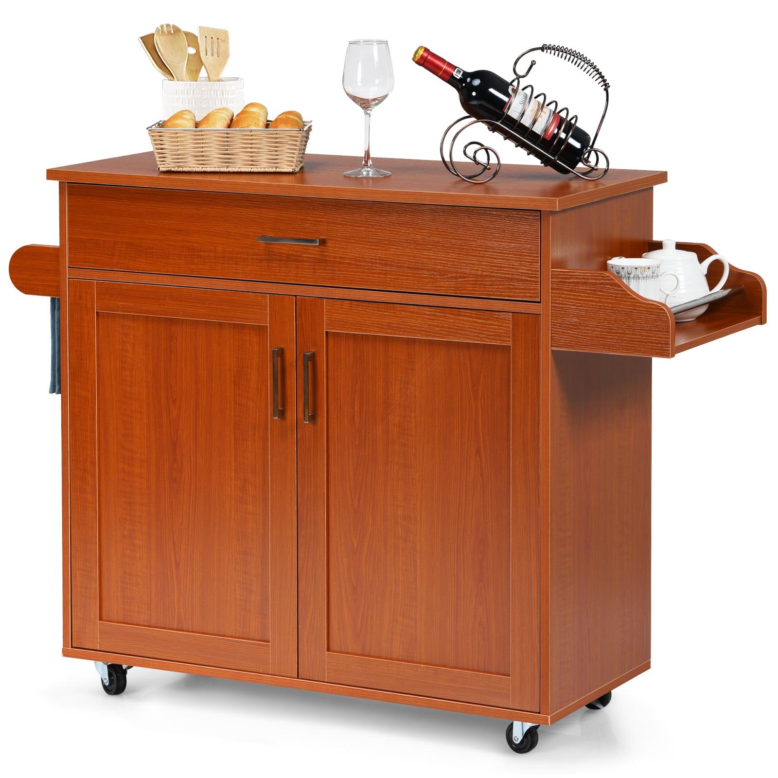 Rolling Kitchen Storage Trolley with Adjustable Shelf and Drawer-Brown