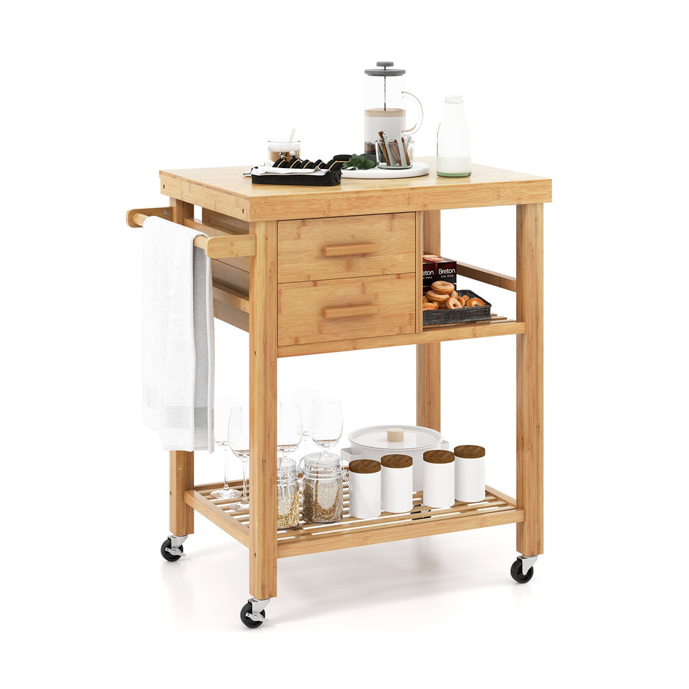 Rolling Bamboo Kitchen Island Cart with Drawers and Shelves
