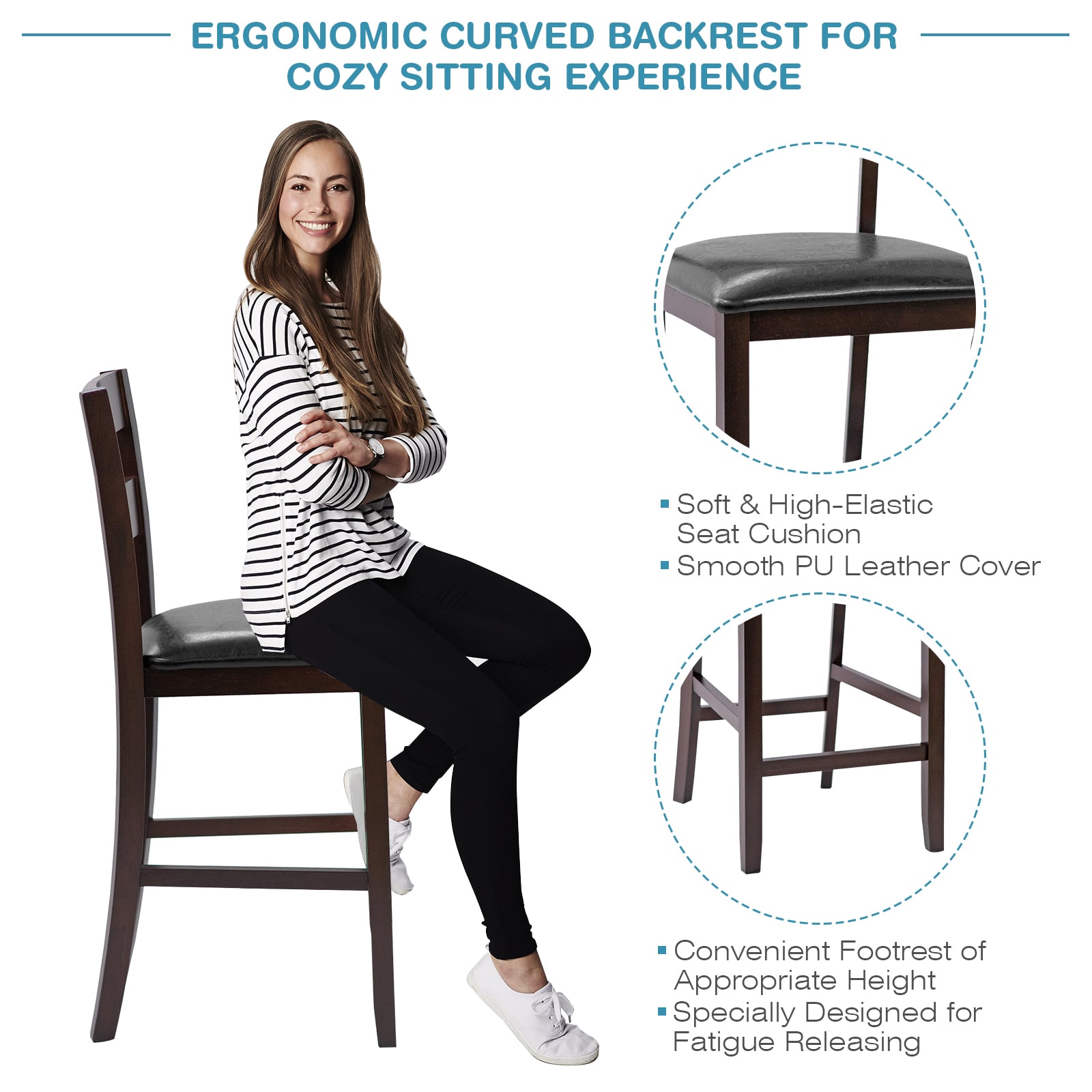 Set of 2 63.5 cm Counter Height Upholstered Bar Stools with Soft Padded Seat