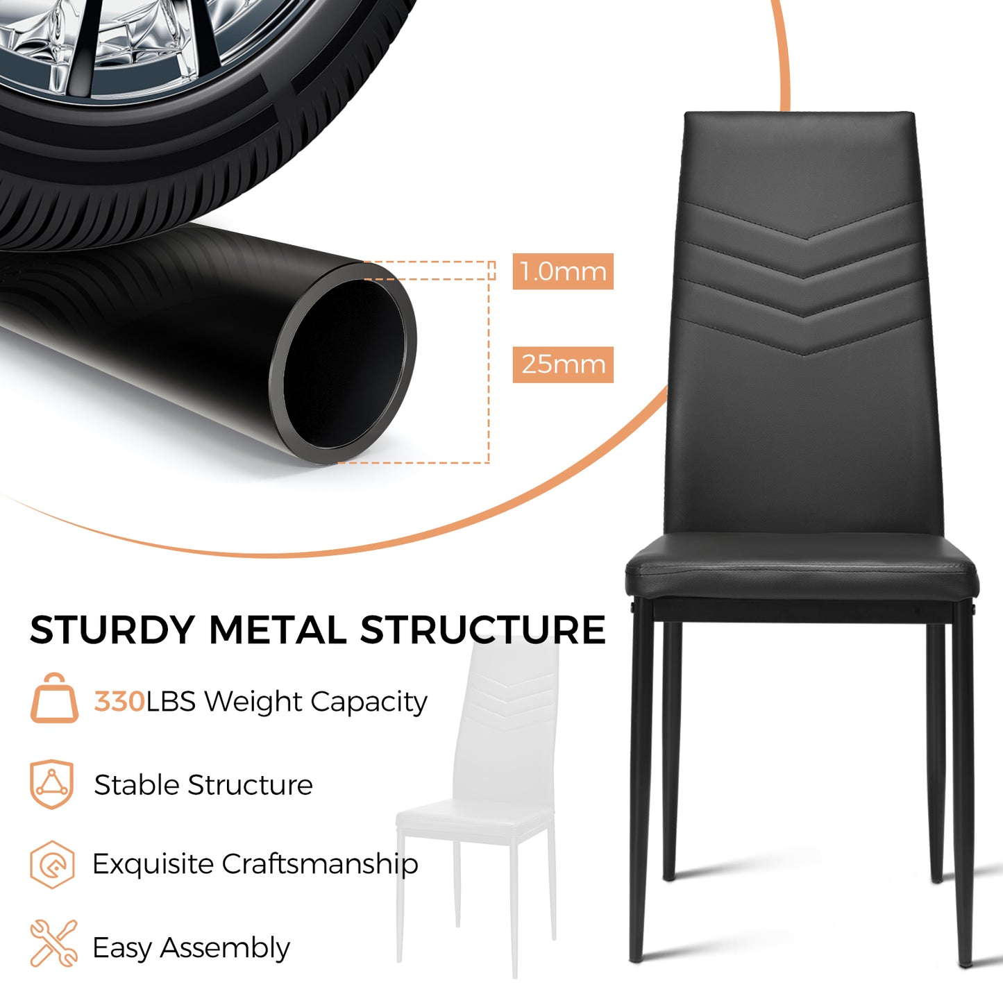 4 PCS Armless Side Chairs with Upholstered Cushion and Sturdy Metal Frame-Black