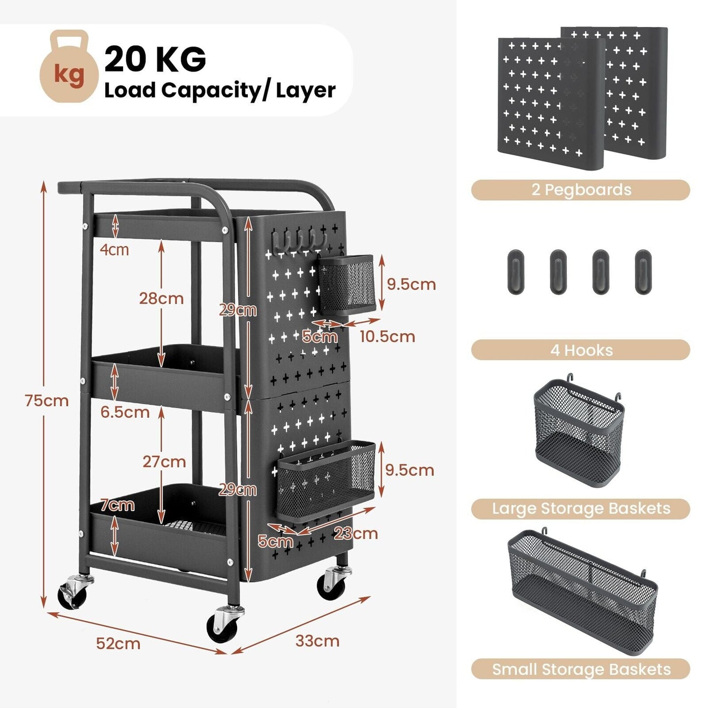 3-Tier Rolling Storage Organizer Cart with Dual DIY Pegboards-Gray