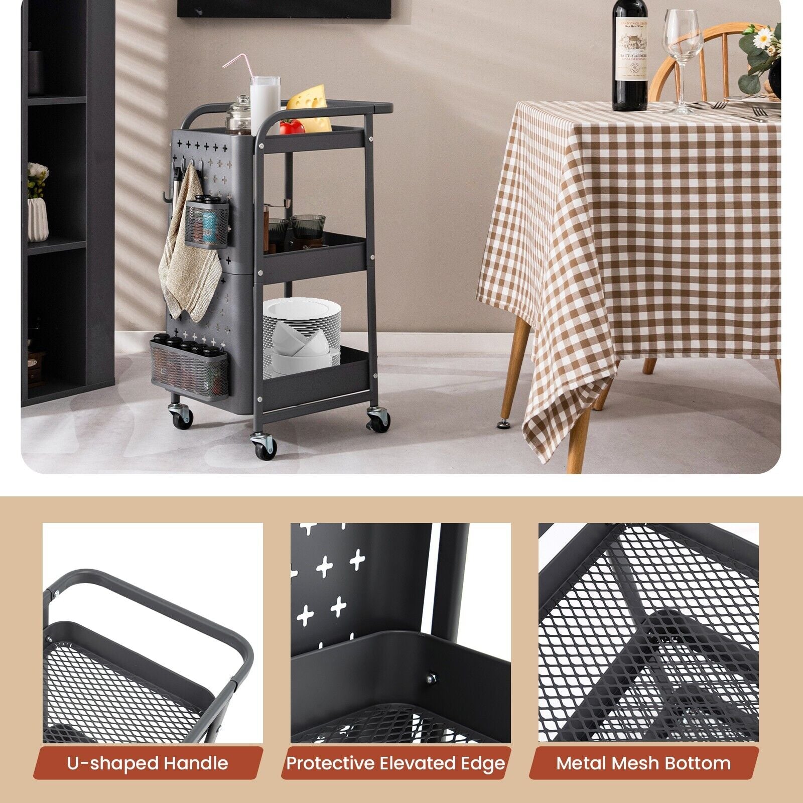 3-Tier Rolling Storage Organizer Cart with Dual DIY Pegboards-Gray