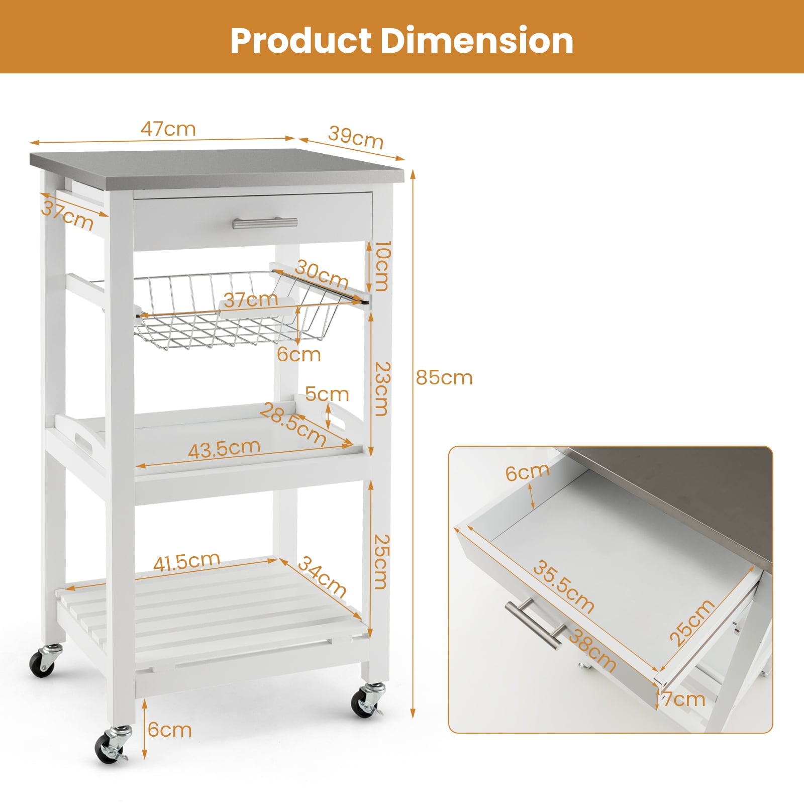 4-Tier Rolling Trolley Cart with Lock Wheels Basket and Drawer-White
